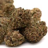 Dried Peanut Butter THCa Hemp Flower with purple, green, orange hues and trichomes